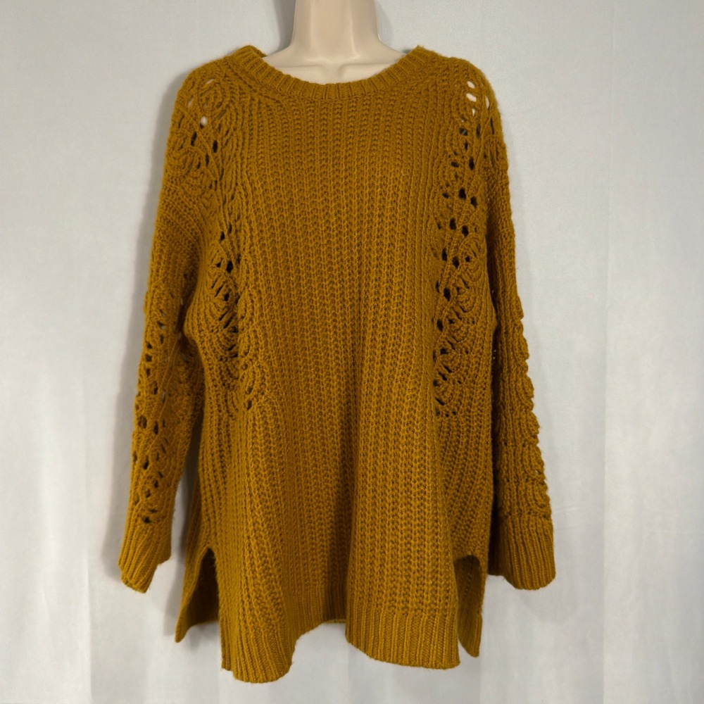 Anthropologie Pilcro Sweater Pointelle Knit Side Slit Mustard Yellow Womens M